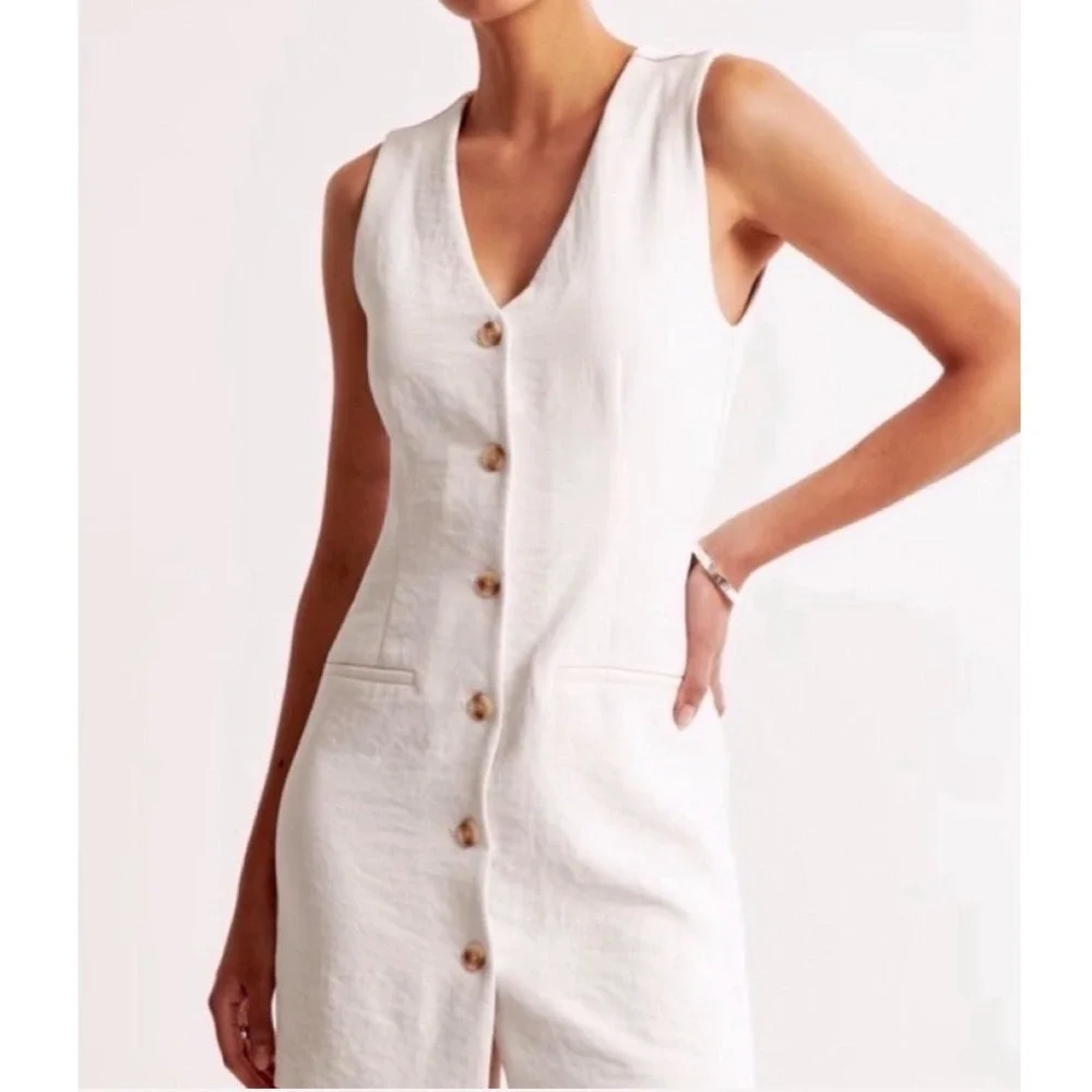 Abercrombie Linen Blend Mara Vest Mini Dress V Neck Button Front White Large